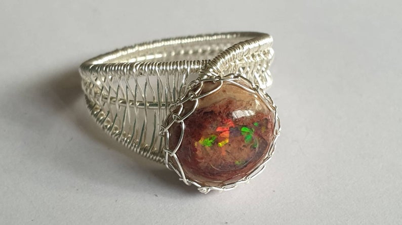 Mexican Cantera Fire Opal Fine Silver Wireweave - Size 7 1/2 US