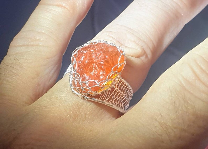 Mexican Fire Opal Fine Silver Wire Weave Ring Size 10 US