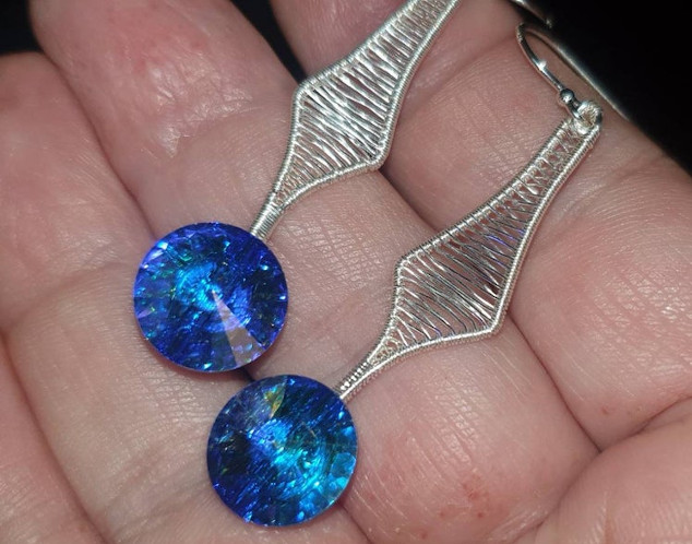 Aurora Borealis Swarovski Rivoli AB Crystals Modern Fine Silver Wireweave Drop Earrings