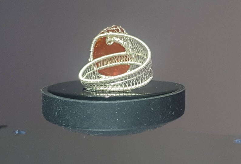 Mexican Fire Opal Fine Silver Wire Weave Ring Size 10 US