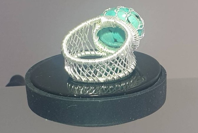 Nepalese Turquoise Blue Green Gemstone Fine Silver Modern Wire Weave Ring